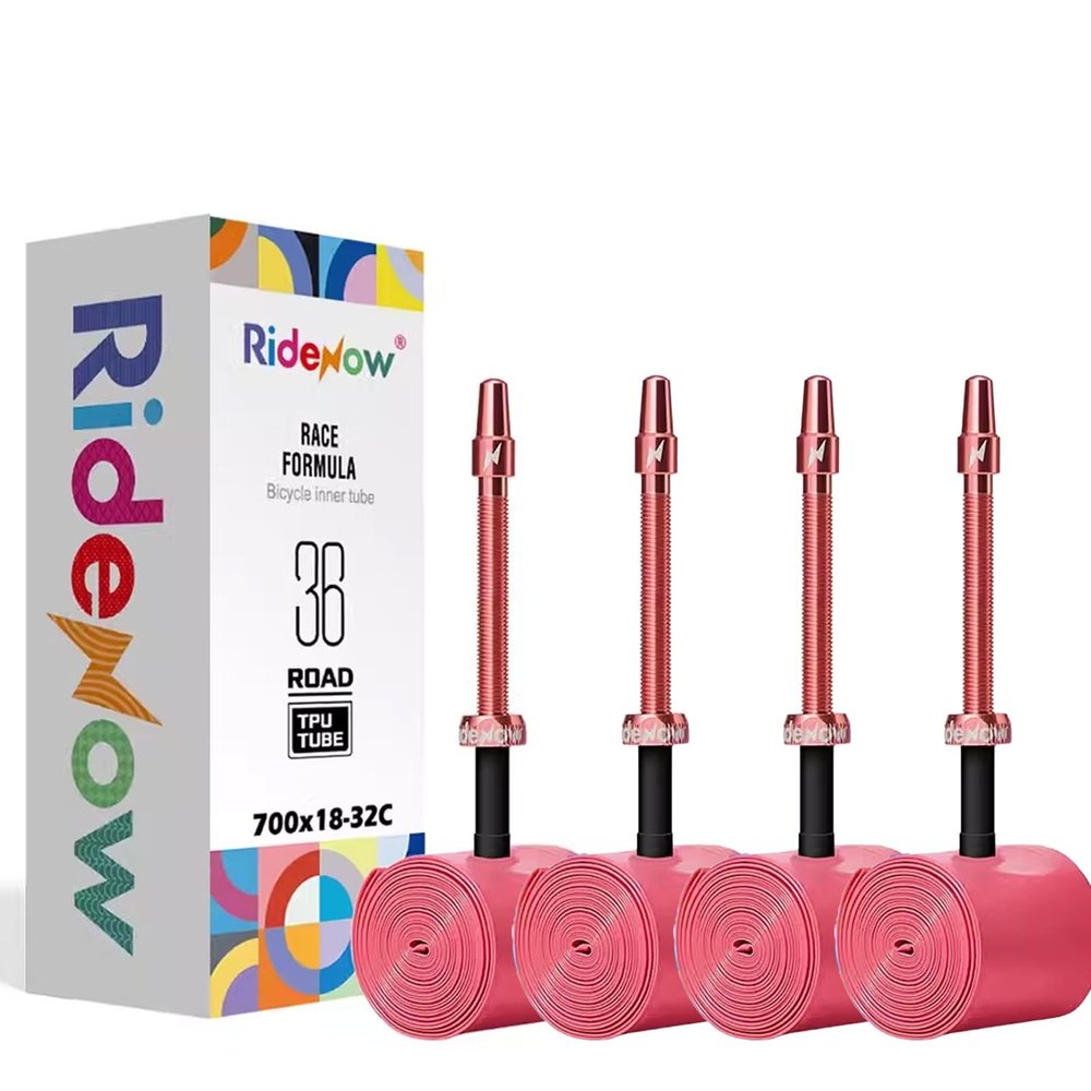 4 Pack RideNow TPU Inner Tubes 700C x 18-32C with 45mm/65mm/85mm Metal Presta Valve, Removable Valve Cores for All Road Bike (Include Bike Tube Patch Repair Kit)