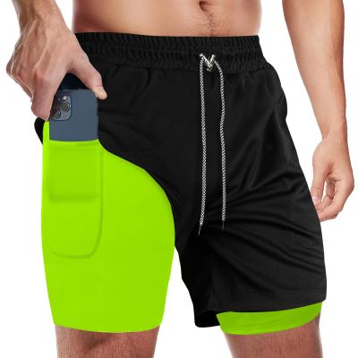 candyfouse Men's 2 in 1 Running Shorts, Quick Dry Workout Shorts with Liner, Athletic Shorts with Zip Pockets and Towel Loop Black/Fluorescent