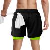 candyfouse Men's 2 in 1 Running Shorts, Quick Dry Workout Shorts with Liner, Athletic Shorts with Zip Pockets and Towel Loop Black/Fluorescent view 2