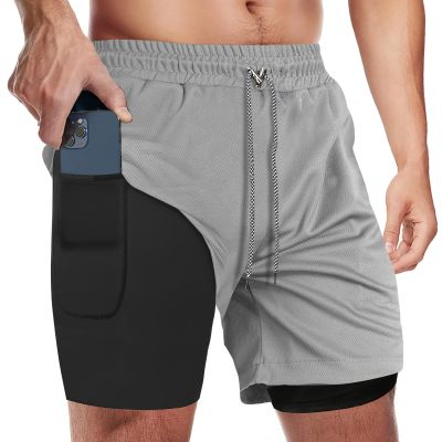 candyfouse Men's 2 in 1 Running Shorts, Quick Dry Workout Shorts with Liner, Athletic Shorts with Zip Pockets and Towel Loop Light Gray