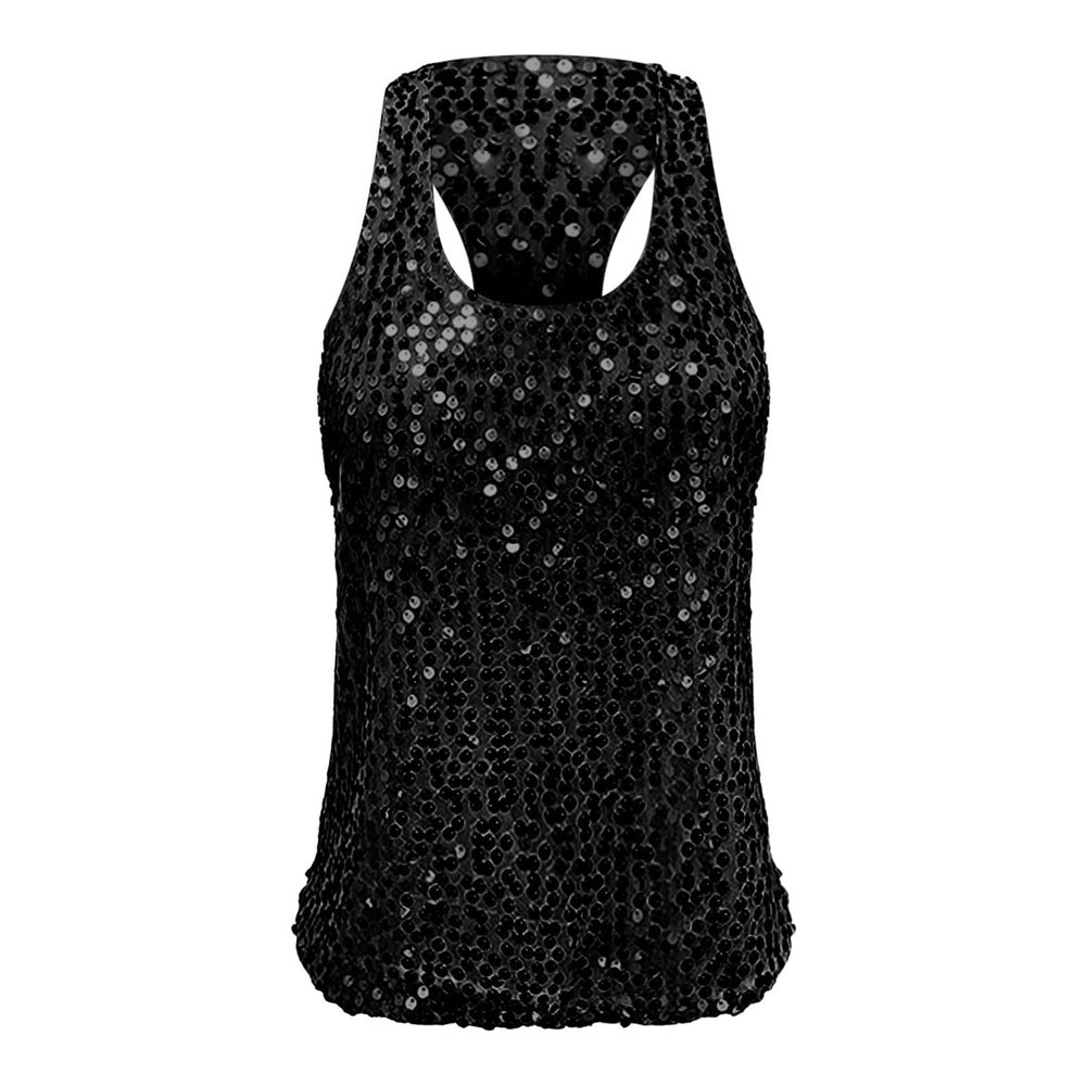 REPALY Summer Sleeveless Sequin Tank Top, Fashion Casual Basic Tees Shirt Camisole for Women(Color:Black,Size:Large)