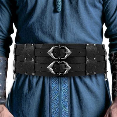 PEKVU Medieval Viking Wide Belt Faux Leather Armor Knight Corset Belt for LARP Christmas Gifts Costume (Black-B)