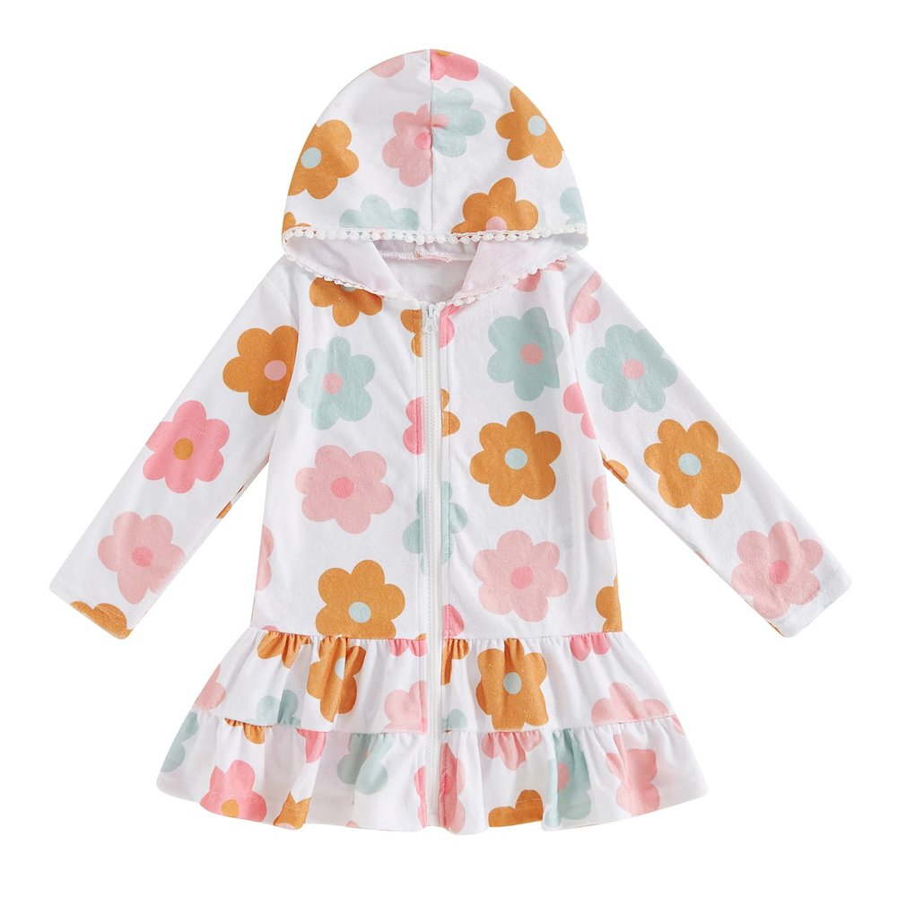 MAYUMMPY Kids Girl Swim Cover Up Swimsuit Zipper Beach Pool Bathing Suit Hoodie Dress Terry Coverup Swimwear (Floral Multicolor, 4-5T)