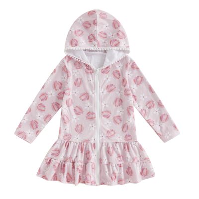 MAYUMMPY Kids Girl Swim Cover Up Swimsuit Zipper Beach Pool Bathing Suit Hoodie Dress Terry Coverup Swimwear (Floral Pink, 5-6 Years)
