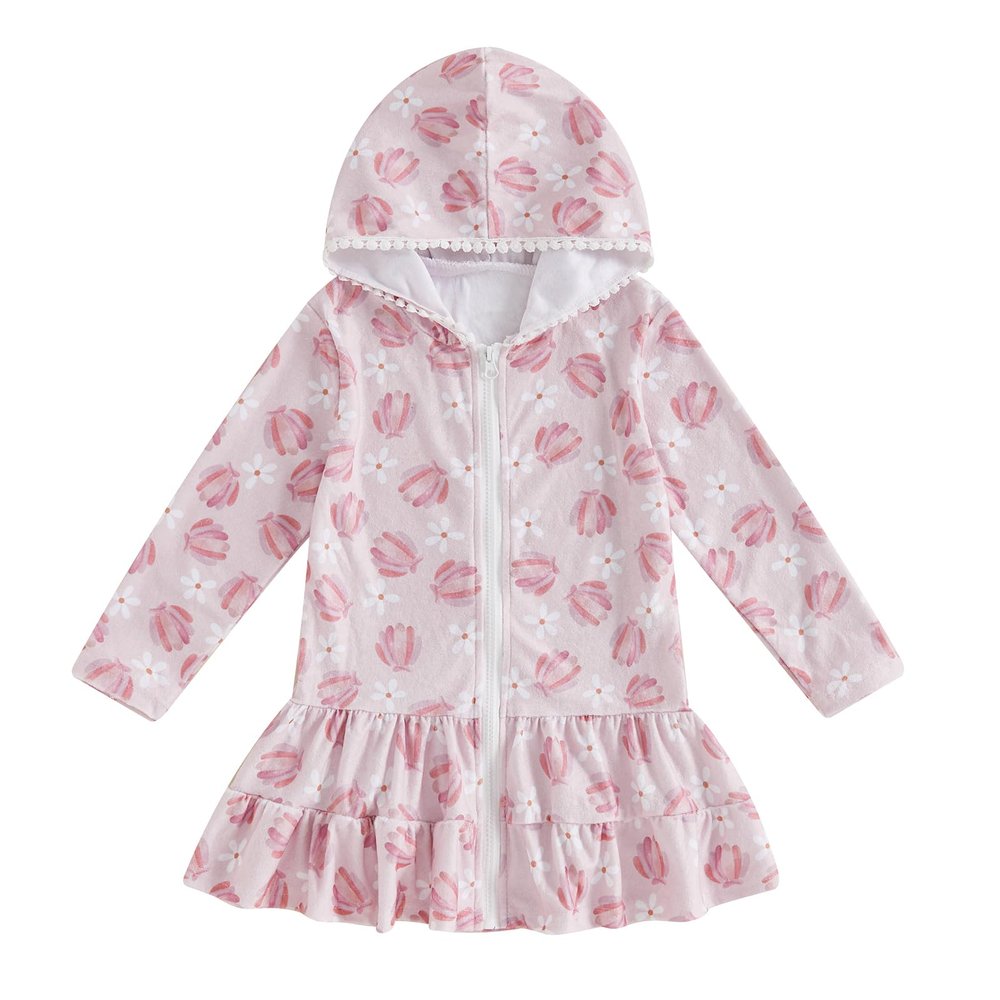 MAYUMMPY Kids Girl Swim Cover Up Swimsuit Zipper Beach Pool Bathing Suit Hoodie Dress Terry Coverup Swimwear (Floral Pink, 5-6 Years)