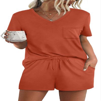 RUBZOOF Women's Short Sleeve Pajama Sets with Pockets Casual V Neck 2 Piece Lounge Sets Caramel S