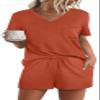 RUBZOOF Women's Short Sleeve Pajama Sets with Pockets Casual V Neck 2 Piece Lounge Sets Caramel S view 1