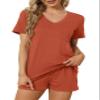 RUBZOOF Women's Short Sleeve Pajama Sets with Pockets Casual V Neck 2 Piece Lounge Sets Caramel S view 3
