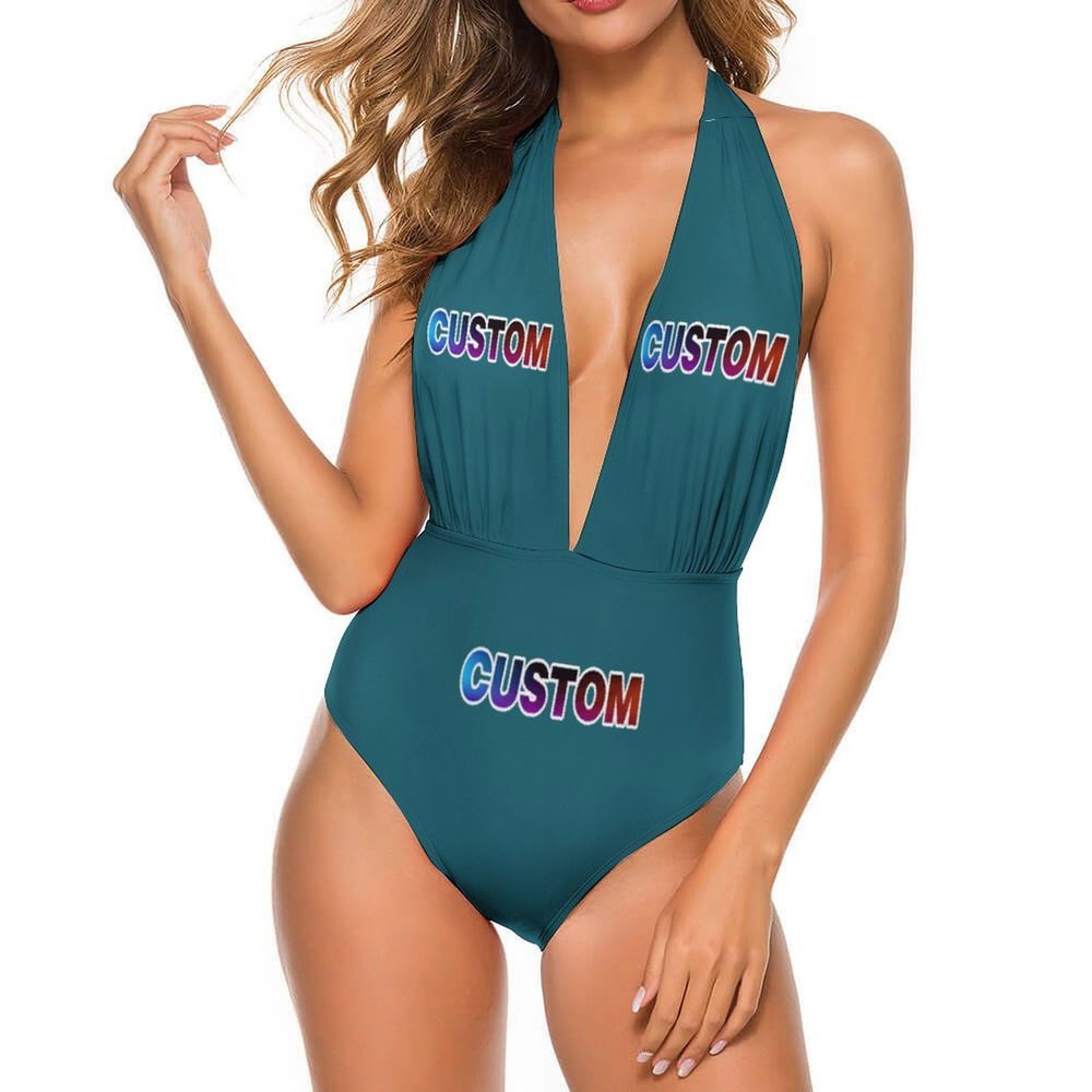 Custom Bikini Set Swimsuits for Girl,Personalized Gift Womens Sexy Cute One Piece Bikini Set with Your Own Design Blue Green S