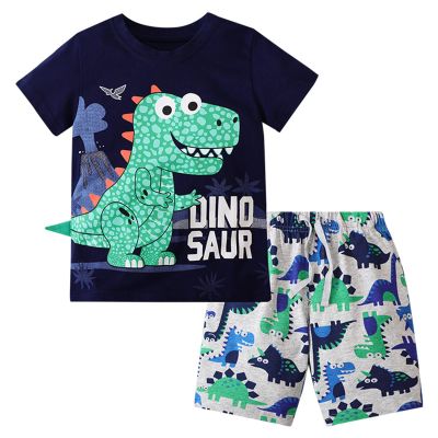 AMIMOJY today's deals Baby Boys Summer Clothes Child Dinosaur Cartoon Prints T Shirt Short Sleeve Tops Casual Pants Cotton Outfit Set 11Pcs girl halloween outfits, 4-5 Years, B-black