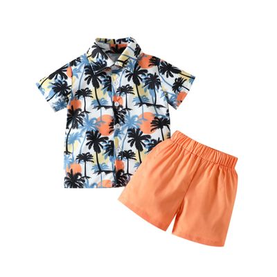 AMIMOJY prime shopping online Boys Hawaiian Summer Clothes 2024 Toddler Tree Floral Prints T Shirt Crewneck Tops Child Kids Beach Shorts 49Pcs Set 18 month girl clothes winter, C-orange