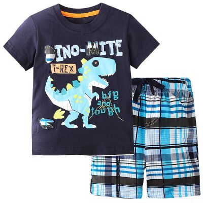 AMIMOJY deals of the day clearance Baby Boys Summer Clothes Child Dinosaur Cartoon Prints T Shirt Short Sleeve Tops Casual Pants Cotton Outfit Set 35Pcs baby and me outfits girl, C-blue
