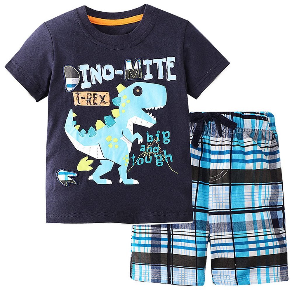 AMIMOJY deals of the day clearance Baby Boys Summer Clothes Child Dinosaur Cartoon Prints T Shirt Short Sleeve Tops Casual Pants Cotton Outfit Set 35Pcs baby and me outfits girl, C-blue