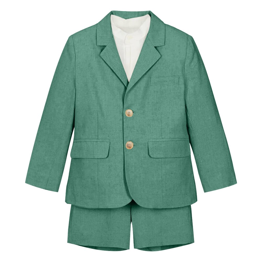 Boys Linen Suits Casual 2 Piece Summer Beach Wedding Tuxedo Suit Green Blazer Shorts Set Slim Fit Ring Bearer Outfits Size 6