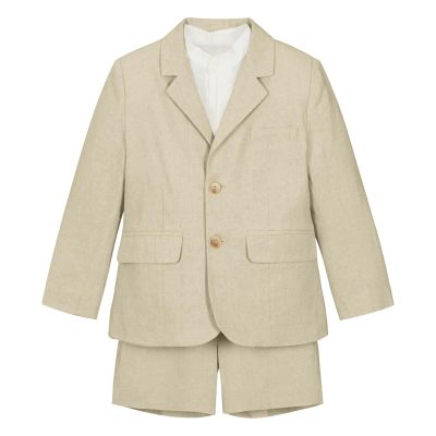 Toddler Boys Summer Wedding Outfit 2 Piece Shorts Set Linen Suit Jacket Pants Short Kids Tan Tuxedo Suits for Boys Ring Bearer Outfits 3T