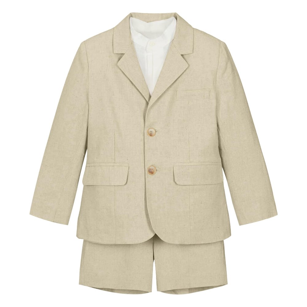 Toddler Boys Summer Wedding Outfit 2 Piece Shorts Set Linen Suit Jacket Pants Short Kids Tan Tuxedo Suits for Boys Ring Bearer Outfits 3T