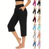 chaktkglok Workout Capris Pants for Women Casual Summer Capri Yoga Pants Straight Leg Comfy Lounge Pants with Pockets Elastic Waist Cropped Pants Stretch Sweatpants Wide Leg Capris for Women Black view 1