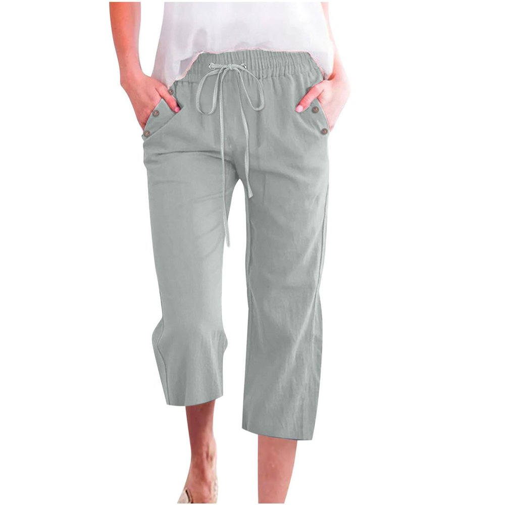 Petite Pants for Women, Today Clearance,Capri Pants for Women Casual 2024 Summer Drawstring Elastic High Waist Linen Pants Straight Wide Leg Lounge Capris5-Mint GreenLarge
