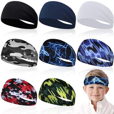 HSDJLXZ 8 Pcs Sports Headbands for Boys,Breathable Kids Sweatbands with Non Slip Elastic,Comfortable Sports Kids Headbands for Baseball Soccer Basketball