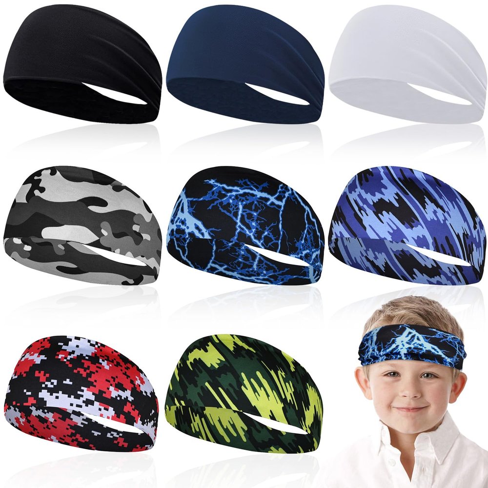HSDJLXZ 8 Pcs Sports Headbands for Boys,Breathable Kids Sweatbands with Non Slip Elastic,Comfortable Sports Kids Headbands for Baseball Soccer Basketball