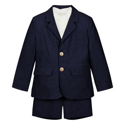 Teen Boys Suits Size 14-16 Set Slim Fit Navy Blue Linen Shorts Set 2 Piece Summer Beach Wedding Tuxedo Suit for Kids Ring Bearer Outfits