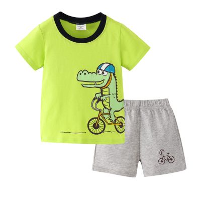 AMIMOJY todays daily deals Baby Boys Summer Clothes Child Dinosaur Cartoon Prints T Shirt Short Sleeve Tops Casual Pants Cotton Outfit Set 6Pcs newborn girl winter outfits, A-green