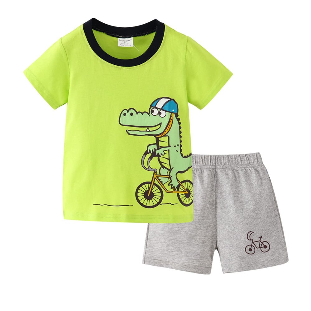AMIMOJY todays daily deals Baby Boys Summer Clothes Child Dinosaur Cartoon Prints T Shirt Short Sleeve Tops Casual Pants Cotton Outfit Set 6Pcs newborn girl winter outfits, A-green