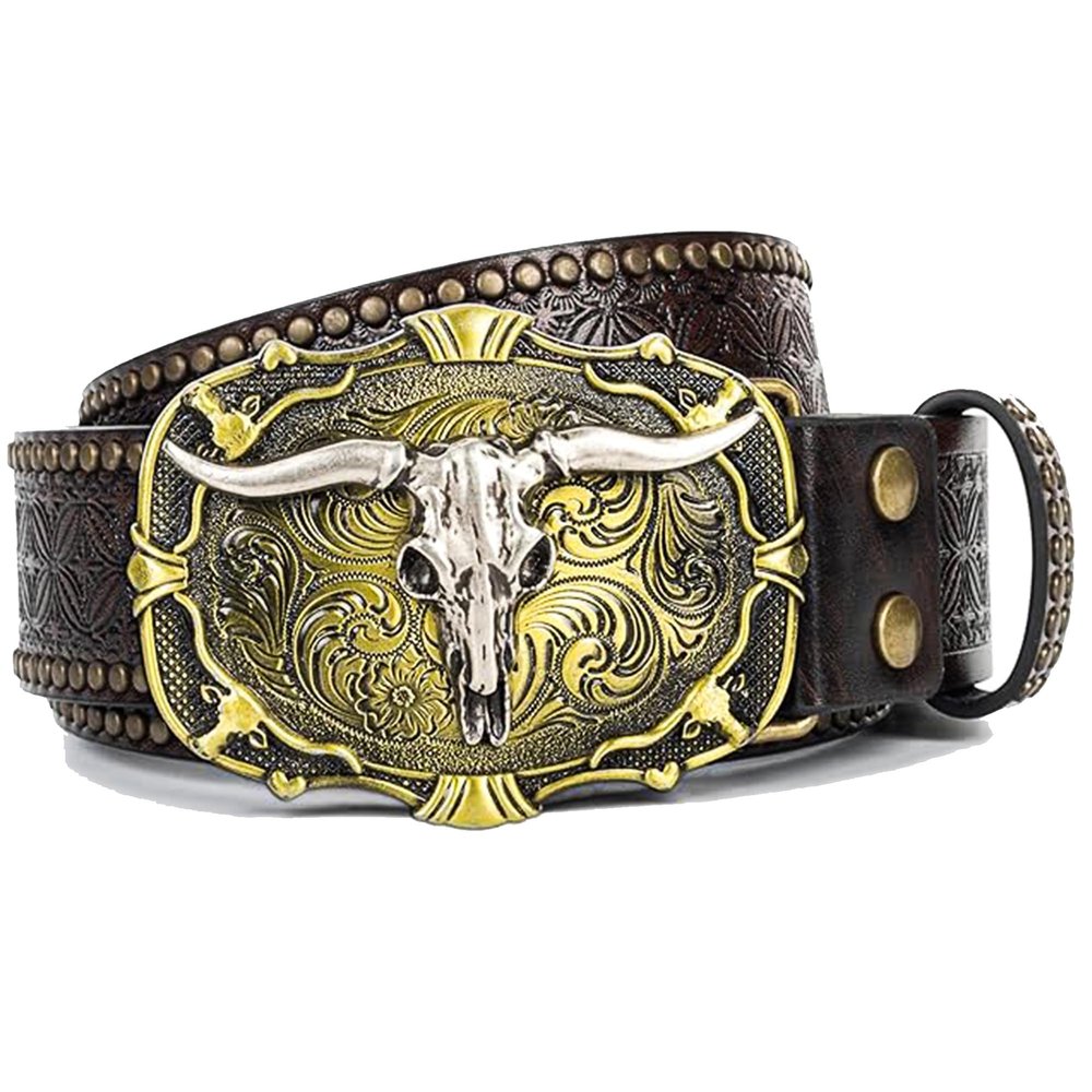 IZUS Men's Retro Western Cowboy PU Leather Belt Longhorn Buckle Decoration Floral Engraved for Jeans