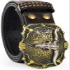 IZUS Men's Retro Western Cowboy PU Leather Belt Longhorn Buckle Decoration Floral Engraved for Jeans view 2