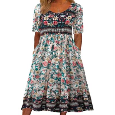 Boho Floral Maxi Dress for Women Casual Short Sleeve Loose Flowy Summer Beach Dresses with Pockets