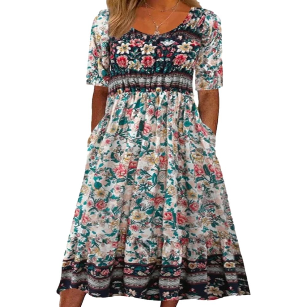 Boho Floral Maxi Dress for Women Casual Short Sleeve Loose Flowy Summer Beach Dresses with Pockets