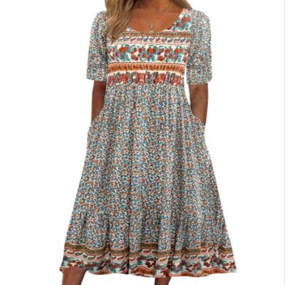 Boho Floral Maxi Dress for Women Casual Short Sleeve Loose Flowy Summer Beach Dresses with Pockets