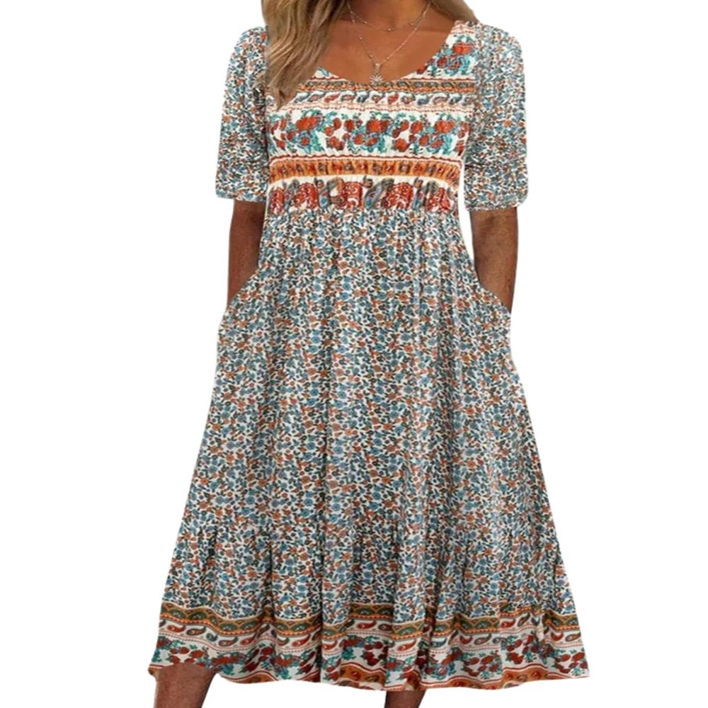 Boho Floral Maxi Dress for Women Casual Short Sleeve Loose Flowy Summer Beach Dresses with Pockets