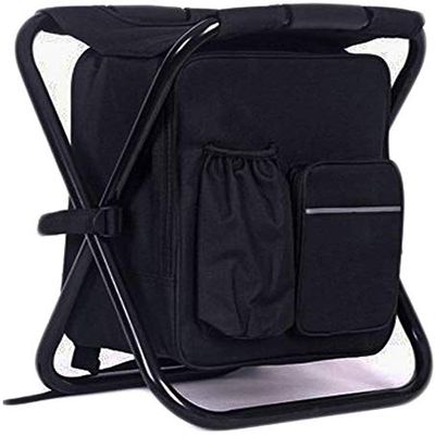 3 in 1 Cooler Backpack, Foldable Fishing Chair, Portable Backpack Chair with Fabric Cooler Bag, Soft Sided Cooler Chair for Hiking Events Beach Fishing Camping(Color:Black)