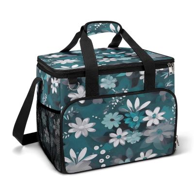 WYUSPGK Large Cooler Bag, Teal Grey and White Floral Print Cooler Bags,Beach Cooler Bag,Soft Cooler Bag for Picnic,Camping,& Beach Accessories