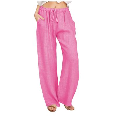 ABOUTYES Linen Pants Women Summer 2024 Casual Drawstring Elastic Waist Cotton Long Wide Leg Pant Lounge Trousers with Pockets