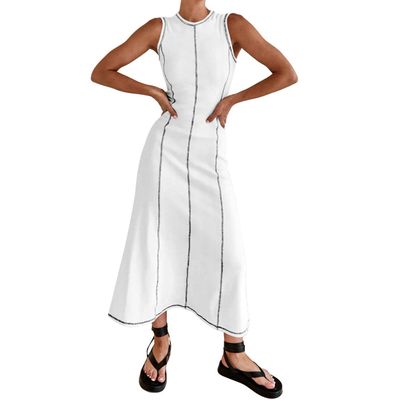 ABEHIK Women's Summer Sleeveless T Shirt Dress Crew Neck Contrast Stitch Ribbed Knit Tank Maxi Dresses Midi Length Casual Beach Long Bodycon Dress White S