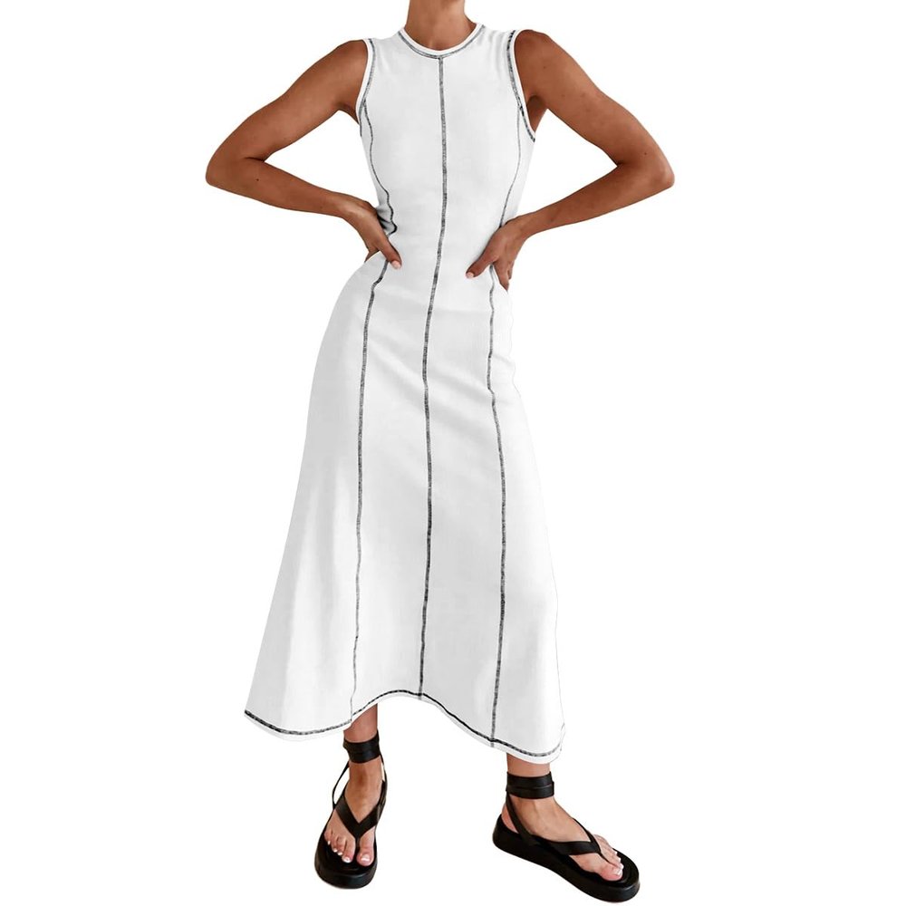 ABEHIK Women's Summer Sleeveless T Shirt Dress Crew Neck Contrast Stitch Ribbed Knit Tank Maxi Dresses Midi Length Casual Beach Long Bodycon Dress White S