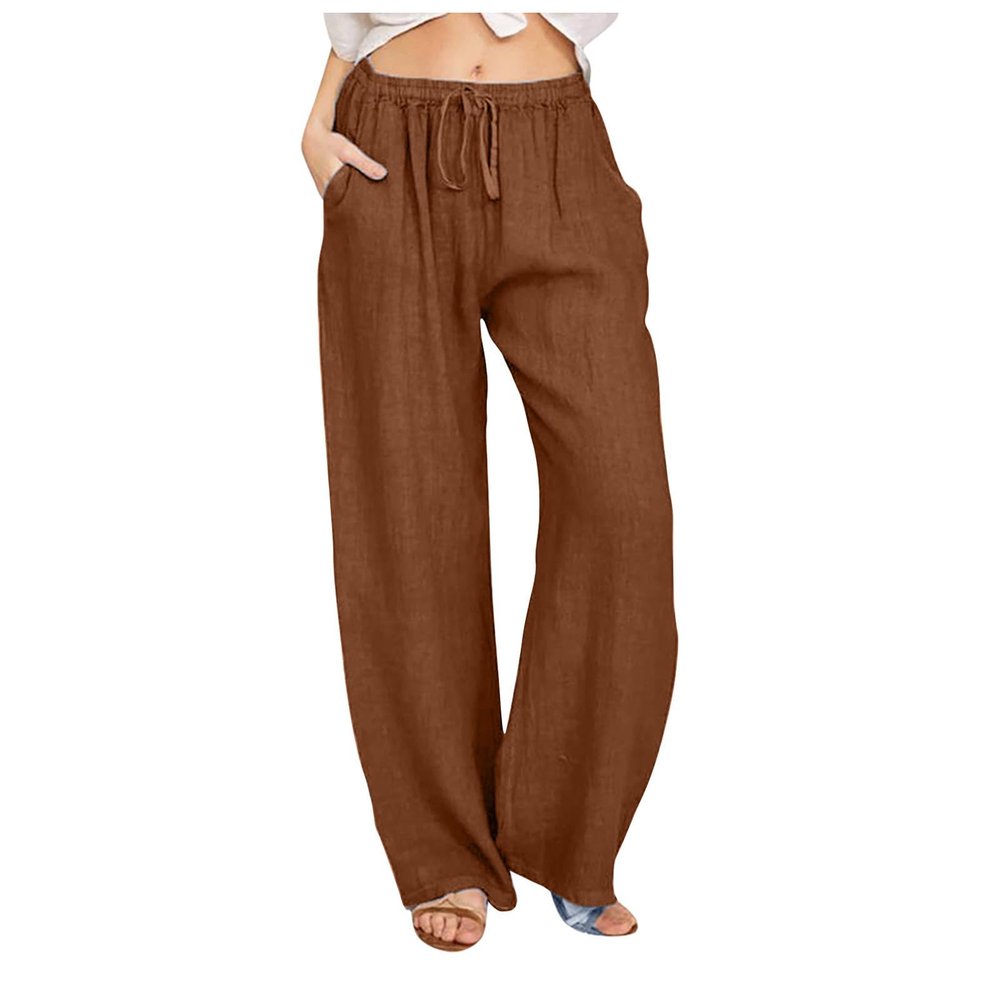 ABOUTYES Linen Pants Women Summer 2024 Casual Drawstring Elastic Waist Cotton Long Wide Leg Pant Lounge Trousers with Pockets