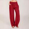 ABOUTYES Linen Pants Women Summer 2024 Casual Drawstring Elastic Waist Cotton Long Wide Leg Pant Lounge Trousers with Pockets view 2