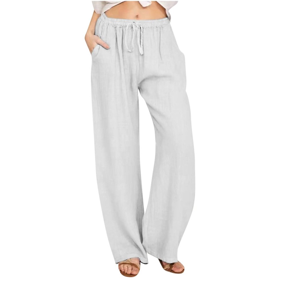 ABOUTYES Linen Pants Women Summer 2024 Casual Drawstring Elastic Waist Cotton Long Wide Leg Pant Lounge Trousers with Pockets