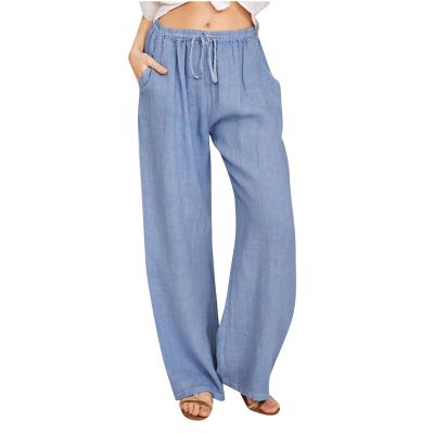 ABOUTYES Linen Pants Women Summer 2024 Casual Drawstring Elastic Waist Cotton Long Wide Leg Pant Lounge Trousers with Pockets