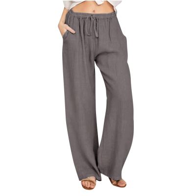 ABOUTYES Linen Pants Women Summer 2024 Casual Drawstring Elastic Waist Cotton Long Wide Leg Pant Lounge Trousers with Pockets