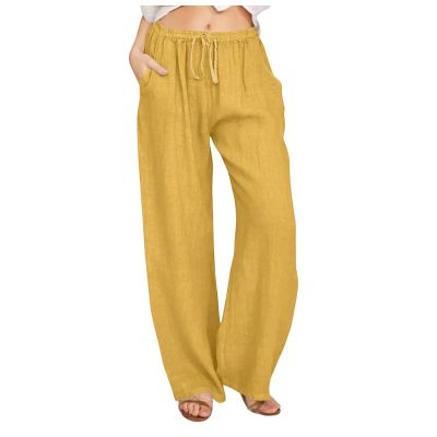 ABOUTYES Linen Pants Women Summer 2024 Casual Drawstring Elastic Waist Cotton Long Wide Leg Pant Lounge Trousers with Pockets