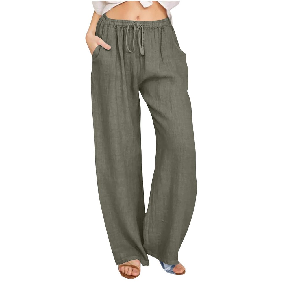 ABOUTYES Linen Pants Women Summer 2024 Casual Drawstring Elastic Waist Cotton Long Wide Leg Pant Lounge Trousers with Pockets