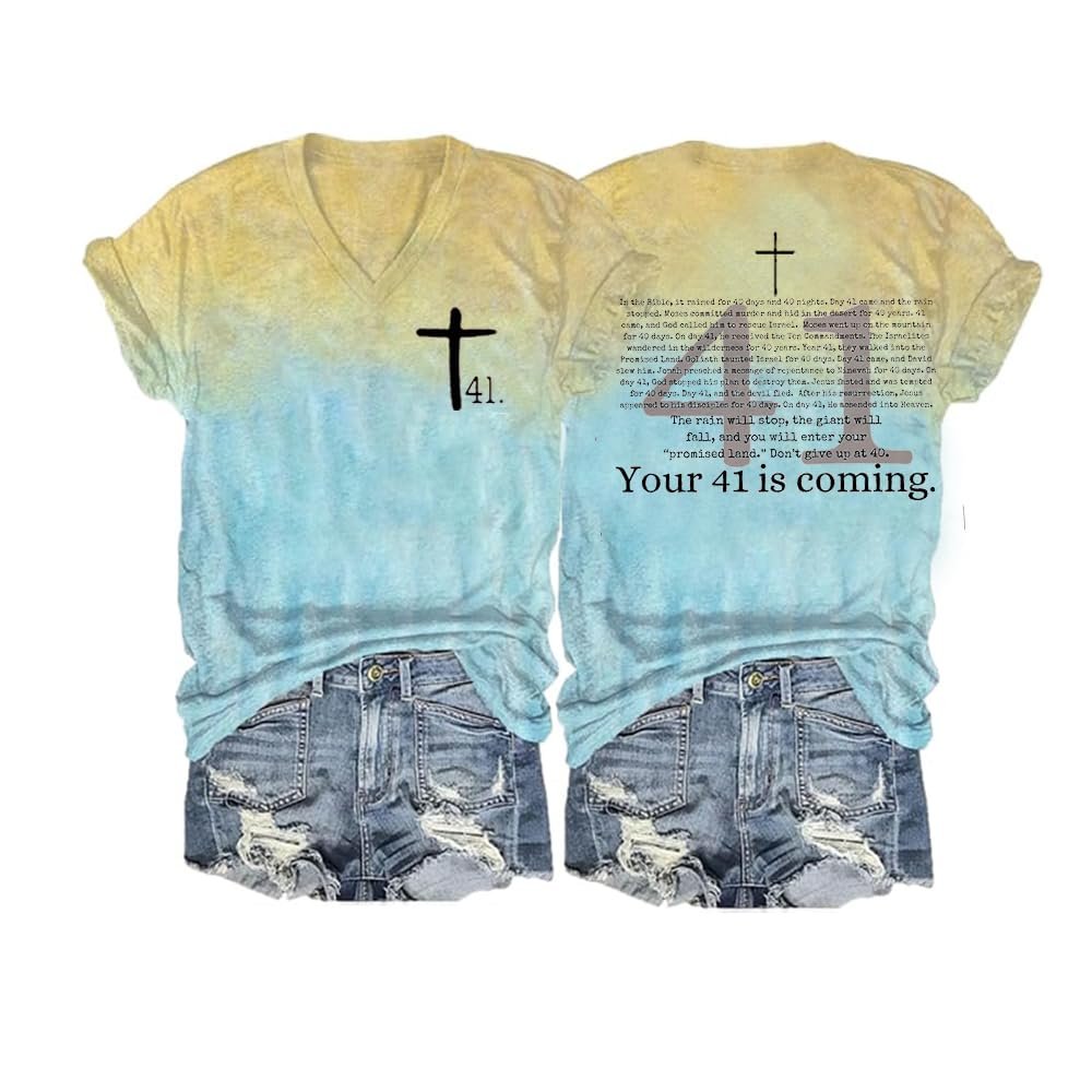 NineFit Basics Your 41 is Coming Print V-Neck T-Shirt Women's 41 is Coming DonT Give Up Shirt Bible Verse Shirt Bible Tee Religious Funny Shirt, Small, Lake