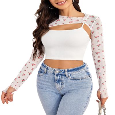 Avidlove Crop Tops for Women Long Sleeve Concert Outfits Mesh Rave Outfits 2 Piece Clubwear with Thumb Holes White Flower
