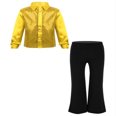 HULIJA Kids Boys Sequins Dance Outfits Dance Shirts with Pants Latin Jazz Modern Ballroom Dancewear Disco Party Costume Gold 6 Years