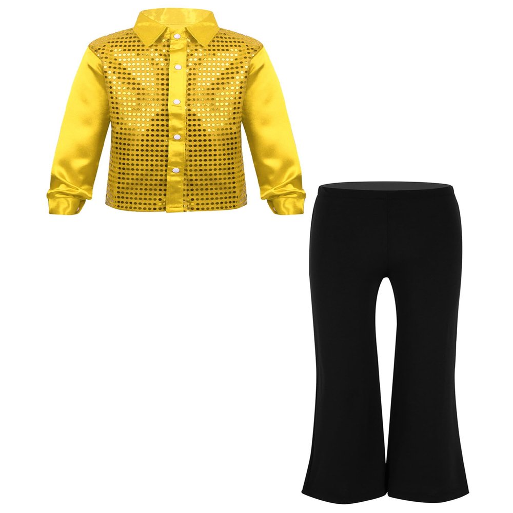 HULIJA Kids Boys Sequins Dance Outfits Dance Shirts with Pants Latin Jazz Modern Ballroom Dancewear Disco Party Costume Gold 6 Years