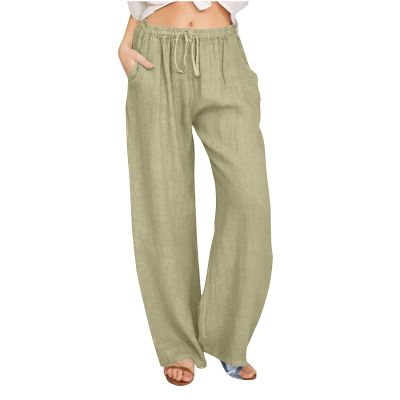 ABOUTYES Linen Pants Women Summer 2024 Casual Drawstring Elastic Waist Cotton Long Wide Leg Pant Lounge Trousers with Pockets